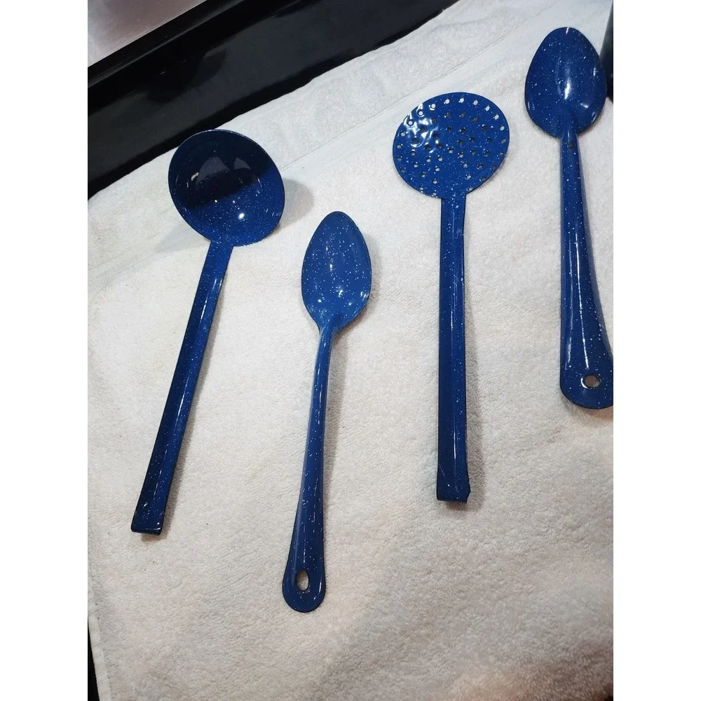 Vintage~Enamel lot~chuckwagon~blue metal splatterware~Skimmer~ Ladle~2 Spoons
